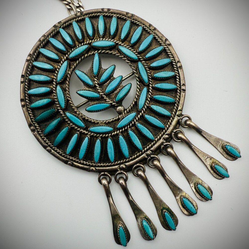 Vintage Zuni Sterling Silver Turquoise Needlepoint Pendant/Brooch – Signed FE